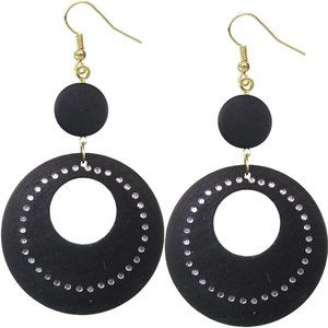 Black Wooden Gemstone Drop Hoop Earrings